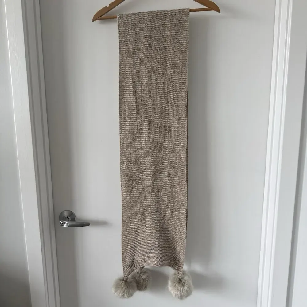 RH WOMENS‎ CASHMERE WOOL Wrap LONG Winter SCARF FUR Poms Oatmeal Color 30
